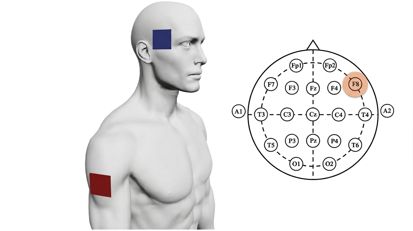 tDCS montaj planı — F8 katot, sol omuz anot, EEG haritası